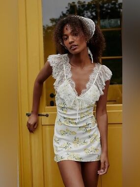 NEW Size Large Free People For Love & Lemons Satin Lace Trim Mini Slip Dress